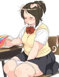 black_skirt brown_hair chair chips_(food) closed_eyes commentary_request cowboy_shot desk female female_masturbation food furry furry_female kikurage_(crayon_arts) masturbation original panties pig_girl plump ponytail potato_chips school_uniform shirt short_hair short_sleeves simple_background sitting skirt solo sweater tail underwear white_background white_panties white_shirt yellow_sweater