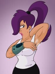 arm_behind_head armpit armpits female futurama hair_over_eye muscles muscular_female nasiri_(artist) pants ponytail purple_hair smell smelly smelly_armpits sweat sweating sweaty sweaty_armpits tank_top turanga_leela white_tank_top