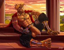 abs anthro armor avian balls beak bottomwear cape claws clothing digital_drawing_(artwork) digital_media_(artwork) digitigrade foreskin gauntlets genitals glans gloves grover_vi gryphon handwear hi_res looking_at_viewer male muscular muscular_male mythological_avian mythological_creature mythology pants penis sellon solo toe_claws
