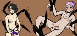 1boy 1girls black_hair breasts dead_by_daylight dildo female femdom imminent_anal imminent_pegging imminent_sex male nea_karlsson nude_female nude_male pegging precum_drip purple_hair restrained smirking strap-on the_trickster yellow_eyes