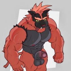 1:1 2023 anthro balls big_muscles big_pecs big_penis bodily_fluids digital_drawing_(artwork) digital_media_(artwork) erection fur generation_7_pokemon genitals green_eyes grey_body grey_fur hi_res imminent_sex incineroar looking_at_viewer male multicolored_body muscular muscular_anthro muscular_arms muscular_male muscular_thighs naistop nintendo nipples nude pecs penis pokemon pokemon_(species) red_body red_fur shaded simple_background solo sweat tongue tongue_out yellow_sclera
