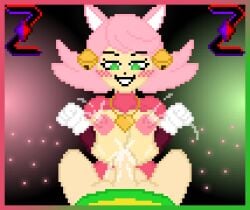 1boy 1girls balls bells blush cat_ears catgirl cum cum_between_breasts cum_on_breasts green_eyes heart_necklace lactating lactating_nipples lactation mad_mew_mew mew_mew_(undertale) mew_mew_kissy_cutie milk_squirt paizuri penis pink_hair pixel_art self_upload undertale undertale_(series) zixy