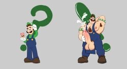 ! 1boy ? arm_behind_back armpit_hair armpits balls big_penis blue_eyes blue_overalls brown_hair chest_hair clothing cum cumshot ejaculation erection facial_hair genitals gigantic_penis gloves green_hat green_shirt hat huge_cock jacking_off large_penis light-skinned_male light_skin luigi male male_nipples male_only mario_(series) masturbation mature mature_male moustache muscle_growth muscles muscular muscular_male mushroom nintendo nipples overalls penis penis_out shoes solo solo_male stroking_penis super_mario_bros. testicles thick_penis unknown_artist vein veiny_penis white_gloves