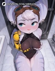 1girls ai_generated animal_ears animal_nose bathroom black_leotard blue_eyes blush body_fur breasts covered_navel covered_nipples earrings eyewear_on_head female furry furry_female goggles goggles_on_head grabbing_own_breast grey_fur jewelry leotard mechanical_arms medium_breasts meevow patreon_username purple_fur ratchet_and_clank rivet_(ratchet_and_clank) see-through seiza short_hair single_mechanical_arm sitting solo tail thigh_gap toilet two-tone_fur