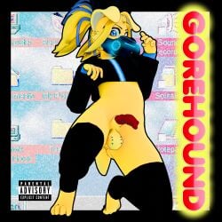 absurd_res album_cover anthro anthro_only bird_dog bottomless breasts canid canine canis cecildeatrio clothed clothing cover crop_top cyberlox domestic_dog gas_mask genital_piercing genitals golden_retriever gorehound gynomorph hi_res hoodie hunting_dog intersex kneeling legwear looking_at_viewer mammal mask microsoft microsoft_windows parental_advisory_sticker penis piercing presenting presenting_balls presenting_penis retriever shirt simple_background small_breasts solo thigh_highs topwear windows_95