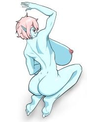 1girls arm_up behind_view big_ass blue_body blue_skin choker cobblestun elf_ears eyebags eyeshadow feet female freckles from_behind hyper hyper_breasts kneeling large_breasts messy_hair nude original pale_skin pink_hair red_eyes sharp_teeth short_hair vampire vampire_girl