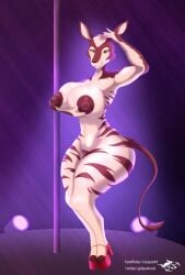 absurd_res anthro beastars big_breasts breasts cosmo_(beastars) crouching curvy_figure dancing erect_nipples female front_view fur genitals giraffid hi_res hooves huge_breasts mammal navel nipples nude okapi pole pussy solo sparkv spreading stripper view voluptuous wide_hips