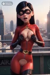 1girls ai_generated artist_name belt black_gloves black_hair bodysuit boots breasts building city cityscape closed_eyes cowboy_shot crotch_cutout disney domino_mask facing_viewer female gloves hi_res long_hair mask medium_breasts nipples no_bra open_clothes open_mouth outdoors pixar purple_eyes pussy r34arts red_bodysuit solo standing superhero superheroine the_incredibles the_incredibles_2 thigh_boots thighhighs torn_clothes uncensored unzipped violet_parr younger_female