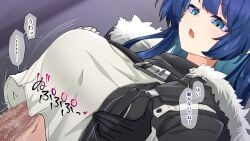 1boy 1girls absurdres arknights black_gloves black_jacket black_scarf blue_eyes blue_hair breasts demon_girl fallen_angel female fur-trimmed_hood fur-trimmed_jacket fur_trim gloves highres hood horns jacket kurarome large_breasts light-skinned_female light-skinned_male light_skin mostima_(arknights) navel paizuri paizuri_under_clothes penis scarf shirt smile solo_focus straight translation_request white_gloves white_shirt