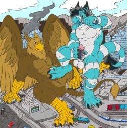 3_toes 4_toes 5_fingers abs anal anthro avian balls beak blue_eyes brown_body brown_eyes building building_destruction car carpo city city_destruction cityscape claws colored crush crushed_vehicle destruction dragon duo eating erection feathered_wings feathers feet finger_claws fingers foot_crush foot_fetish foot_play footjob footprint fur genitals gryphon hair hi_res house landscape_dwarfing macro macro_anthro macro_male male masturbation muscular muscular_anthro muscular_male mythological_avian mythological_creature mythological_scalie mythology nude open_mouth outside pawpads pawprint paws penetration penile penile_masturbation penis pyronite(commissioner) rail rampage scalie schism sex sky smile station stomping tail teaselbone toe_claws toes tongue tongue_out train vehicle vehicle_destruction vehicle_insertion vehicle_penetrated white_body wings