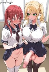 ai_generated balls blonde_hair futa_with_male futanari green_eyes intersex large_breasts long_penis penis penis_size_difference red_eyes red_hair sasakinsfw school_uniform skirt_lift tagme testicles tiny_penis twintails