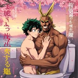 2boys ai_generated all_might artist_request doujin doujin_cover doujinshi human_toilet izuku_midoriya japanese japanese_text lovers male manga manga_cover my_hero_academia toilet toilet_slave yaoi yaoinami