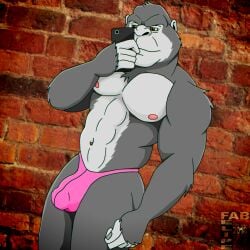 2018 abs anthro ape biped black_body black_fur brick_wall brown_eyes cellphone clothed clothing digital_media_(artwork) electronics fabfelipe fur fur_tuft gorilla grey_body haplorhine hi_res holding_cellphone holding_object holding_phone holding_smartphone looking_at_cellphone looking_at_object looking_at_phone male male_only mammal mouth_closed muscular muscular_anthro muscular_male navel nipples phone pink_clothing pink_nipples pink_thong pink_underwear primate smartphone solo thong thong_only topless topless_anthro topless_male tuft underwear underwear_only wall_(structure)