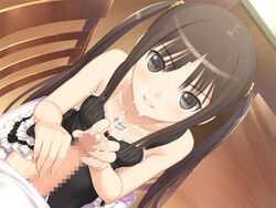 1boy 1girls blush censored cum fault!! female game_cg handjob male pants penis pettanko straight sugiyama_mio taka_tony thighhighs tied_hair twintails