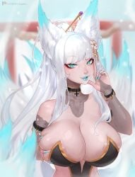 cyan_eyes fox fox_ears fox_girl fox_tail holding_breast huge_breasts kitsune long_ears looking_at_viewer miya_kitashima sultry_eyes tsuchu white_hair