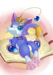 absurd_res ame_kitsune anus anus_only blue_body blue_fur book domestic_cat featureless_crotch felid feline felis female feral fish fish_in_mouth fur hi_res hsh91100 league_of_legends mammal marine riot_games solo tencent yuumi_(lol)