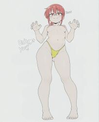ai_assisted ass_visible_through_thighs barefoot bikini bikini_bottom_only blush breasts cameltoe claw_pose closed_mouth feet female from_below full_body glasses grey_background highleg kobayashi kobayashi-san_chi_no_maidragon looking_at_viewer medium_breasts navel nipples orange_eyes panties ponytail red_hair sidelocks simple_background small_breasts smile solo sondu standing swimsuit toes topless underwear white_background yellow_bikini