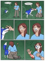 absurd_res bodily_fluids bubbeh canid canine clothed clothing comic comictf duo english_text feral hair hi_res human licking long_hair mammal saliva smile text tongue transformation wuffkitty_(character)