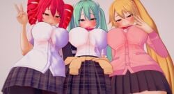 3d 3girls akita_neru artist_request big_breasts blouse blue_eyes blue_hair blush breasts clothed clothed_female clothing curvy curvy_female fanloid female female_only gyaru hatsune_miku huge_breasts kasane_teto koikatsu large_breasts low-angle_view peace_sign pleated_skirt ponytail red_eyes red_hair skirt small_waist sweater sweater_around_waist tongue tongue_out triple_baka_(vocaloid) twin_drills twintails utau vocaloid wide_hips yellow_eyes yellow_hair zako_(vocaloid)