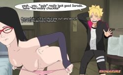 before_sex bending_over boruto boruto:_naruto_next_generations dialogue erogakure naruto nervous nervous_sweat panties panties_around_leg sarada_uchiha sexy straight uchiha_sarada undressing uzumaki_boruto