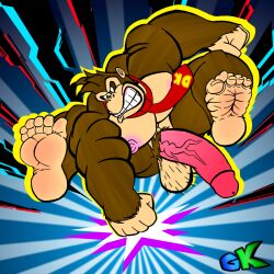 abstract_background anthro ape balls big_penis body_hair donkey_kong donkey_kong_(character) donkey_kong_(dkbananza) donkey_kong_(series) donkey_kong_bananza feet genitals gorilla grizzlykubz hairy_balls haplorhine hi_res male male_foot_fetish male_only mammal muscular muscular_anthro muscular_male necktie nintendo nipples penis primate pubes smashing solo