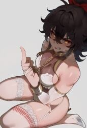 1girls alternate_version_available angry angry_face big_breasts borrowed_character breasts bridal_lingerie bridal_veil chains collar female flipping_off gift_art hi_res high_resolution highres large_breasts light-skinned_female light_skin original original_character restrained restrained_wrists shackles solo solo_female solo_focus song_huoyan_(akashicelegy) tagme thiccwithaq thick_thighs tomboy toys white_background