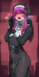 1boy bulge clothed crossdressing femboy fully_clothed gloves light-skinned_male light_skin lipstick male male_only nun nun's_habit nun_(nunsafeforwork) nun_hat nun_outfit nunsafeforwork open_mouth open_mouth penis_bulge pulling_collar purple_eyes purple_hair purple_lipstick saliva saliva_drip saliva_string saliva_trail tongue tongue_out trap twink
