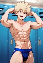 abs ai_generated armpit_hair bakugou_katsuki biceps blonde_hair blush flexing_arms gay jockstrap jockstrap_only katsuki_bakugou locker_room looking_at_viewer male male_only muscular muscular_male my_hero_academia nipples nude_male open_mouth pecs red_eyes smile toned_body toned_male twall97