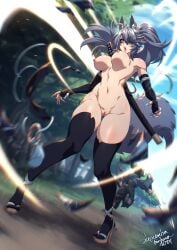 animal_humanoid blurred_background breasts canid canid_humanoid canine canine_humanoid clothing colored_nails crescentia_fortuna destroyed_clothing duo female forest genitals grey_hair hair hi_res humanoid humanoid_genitalia humanoid_pussy innie_pussy katana legwear long_nails mammal mammal_humanoid melee_weapon mostly_nude nails nipples plant pussy sky solo_focus sword thigh_highs tree weapon wolf_humanoid