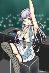 1girls arm_up armpit audience big_breasts boob_window breasts clothed d4dj dj_equipment exposed_breasts female fishnets grey_eyes izumo_saki long_hair safio4212 sitting watermark white_hair