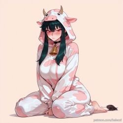 ai_generated animal_costume animal_print balecxi barefoot bell black_hair blush cow_costume cow_print cow_tail cowbell earrings female full_body hood horns jewelry large_breasts looking_at_viewer patreon_username red_eyes sitting solo spy_x_family wariza yor_briar yor_forger