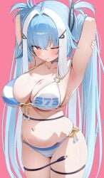armpits arms_behind_head bemani bikini blush curvy embarrassed ichika_(bemani) konami large_breasts looking_to_the_side navel official_alternate_costume one_eye_closed plug_tail plump thick_thighs thigh_strap tummy twintails voluptuous wide_hips worried