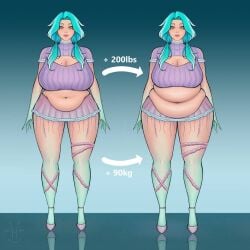 2025 2girls amber_eyes aqua_hair before_and_after belly belly_expansion belly_folds belly_overhang better_version_at_source blue-skinned_female blue_skin bottom_heavy breast_shrinking breasts chubby chubby_female colored digital_media_(artwork) double_belly dual_persona expansion fat fat_belly fat_rolls fat_thighs fat_woman female female_only frilly_clothing front_view high_heels huge_breasts kekspflaumchen light-skinned_female light_skin looking_at_viewer love_handles low_twintails mole mole_on_breast muffin_top obese obese_female oc original_character outgrowing_clothes overweight overweight_female pink_lips plump_lips purple_shirt purple_skirt skirt spillage thick thick_thighs thigh_expansion top_heavy transformation turra_dohrnia weight_gain yellow_eyes