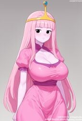 adventure_time ai_generated bangs black_eyes blunt_bangs blush breasts cartoon_network cleavage cleavage_cutout closed_mouth clothing clothing_cutout colored_skin crown dress female female female_only gloves headwear jewelry jousneystudio large_breasts long_hair looking_at_viewer pink_dress pink_hair pink_skin princess_bubblegum puffy_short_sleeves puffy_sleeves purple_dress short_sleeves smile solo standing thighs tiara very_long_hair white_gloves white_skin