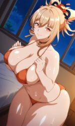 1girls ai_generated bikini breasts female female_focus female_only genshin_impact large_breasts light-skinned_female light_skin looking_at_viewer shiny_skin solo swimsuit thick_thighs thighs wet wide_hips yoimiya_(genshin_impact) yuukiai