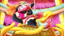 4_arms belly breasts breasts_bigger_than_head canine chubby chubby_female crowd crowd_watching demon demon_girl dog_girl fat_arms grabbing_own_belly helluva_boss hi_res honey honey_(food) large_breasts long_eyelashes multi_arm multi_limb multicolored_background multicolored_hair navel pink_eyes pole pole_dancing pseudo_hair queen_bee-lzebub_(helluva_boss) robthehoopedchipmunk thighs thighs_bigger_than_head two_tone_body two_tone_fur two_tone_hair