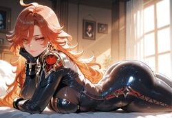 1girls ahoge ai_generated ass bangs bed bed_sheet black_bodysuit black_gloves blush bodysuit breasts cleavage closed_mouth clothing curtains curvaceous curvaceous_female curvaceous_figure curvy curvy_figure earrings female female female_focus female_only genshin_impact gloves hair_between_eyes hoyoverse indoors inviting inviting_to_sex jewelry large_breasts latex latex_bodysuit lips long_hair long_sleeves looking_at_viewer lying mavuika_(genshin_impact) miyuai on_bed on_stomach orange_eyes orange_hair pillow presenting presenting_ass presenting_hindquarters red_eyes red_hair seductive seductive_look seductive_smile shiny_clothes skin_tight smile solo thighs voluptuous voluptuous_female window