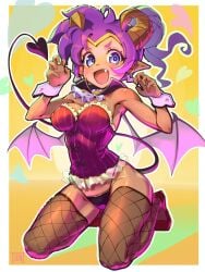 1girls breasts dark-skinned_female demon_girl demon_horns demon_tail earrings female female_only green_eyes life_is_pi pointy_ears purple_hair shantae shantae_(character) solo succubus thighs