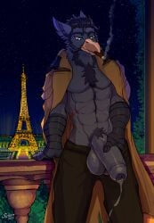 abs anthro avian balls beard black_body bodily_fluids bottomwear cigar clothing digital_drawing_(artwork) digital_media_(artwork) eiffel_tower facial_hair foreskin genital_fluids genitals glans gryphon hair hi_res jacket male muscular muscular_anthro muscular_male mythological_avian mythological_creature mythology outside pants penis precum sellon smoking solo topwear