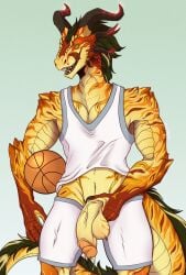 anthro ball balls basketball_(ball) biceps bodily_fluids bottomwear cataxdrk2020 clothing digital_drawing_(artwork) digital_media_(artwork) genital_fluids genitals glans hair hi_res horn humanoid_genitalia humanoid_penis licking licking_lips male penis scalie shirt shorts solo tail tank_top teeth tongue tongue_out topwear