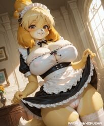ai_generated animal_crossing anthro big_breasts camel_toe cameltoe covered_nipples female front_view furry isabelle_(animal_crossing) looking_at_viewer maid maid_uniform mansion plump_labia skirt skirt_lift smile standing tagme thick_thighs thighhighs xorvexai yellow_fur