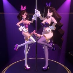 2futas 3d 3d_(artwork) balls big_penis blue_eyes bowtie bowtie_collar breasts brown_hair cock_ring crop_top earrings erect_penis eyeshadow fake_rabbit_ears futa_only futanari gloves hat high_heels huge_cock light_skin original_characters penis purple_eyes stripper stripper_pole thighhighs thousandarms