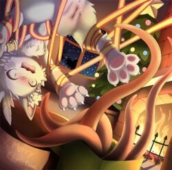 2021 ame_kitsune anthro christmas christmas_tree detailed_background duo felid feline female fire fireplace fur furnace hi_res holidays kemono mammal open_mouth paws plant santa_claus sex silhouette tentacle tentacle_creature tentacle_sex tree white_body white_fur window