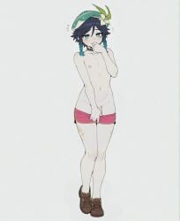 1boy ai_assisted ai_generated androgynous bangs beret black_hair blue_hair blush braid brown_footwear choker clothes_pull collarbone covering covering_crotch flower flying_sweatdrops full_body genshin_impact gradient_hair green_eyes green_headwear grey_background hair_flower hair_ornament hat hat_flower leaf leg_tattoo looking_at_viewer male male_focus multicolored_hair navel nipples otoko_no_ko shoes short_hair_with_long_locks shorts shorts_pull simple_background solo solo_male sondu standing sweat tattoo topless_male twin_braids venti_(genshin_impact) white_background white_flower