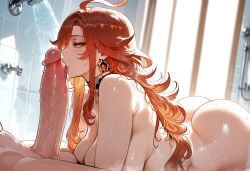 1boy 1girls aether_(genshin_impact) ahoge ai_generated areolae ass back bangs bed blush breast_press breasts choker clothing completely_nude curvaceous curvaceous_female curvaceous_figure curvy curvy_figure earrings erection fellatio female female_focus genshin_impact hoyoverse huge_ass huge_breasts indoors jewelry large_breasts large_penis licking licking_penis light-skinned_female light_skin lips long_hair looking_back male mavuika_(genshin_impact) mixed-sex_bathing miyuai muscular_male nipples nude oral orange_hair penis red_eyes red_hair saliva sex shared_bathing shiny_skin shower_head solo_focus straight sweat testicles thighs tongue tongue_out veins veiny_penis voluptuous voluptuous_female water wet window