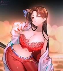 1female alternate_costume cleavage digital_media_(artwork) fatal_fury female female_focus female_only human human_female human_only king_of_fighters light-skinned_female light_skin mai_shiranui norishiitsu outfit outfit_variant pose smile snk solo solo_female twitter_link