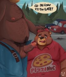 2025 anthro anthro_focus balls bear belly big_belly blush bodily_fluids car clothing detailed_background duo english_text erection genital_fluids genitals hi_res male male/male mammal moobs nipples outside overweight overweight_male penis plant precum saiper shirt text tongue tongue_out topwear tree vehicle