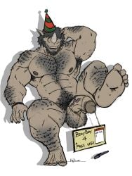 2025 3:4 5_toes abs anthro arm_hair armpit_hair balls beard belly_hair body_hair butch_(madboart) chest_hair clock clothing deltoids english_text facial_hair feet forearm_hair forearms foreskin genitals hairy half-erect hand_behind_head hanging_from_penis happy_trail hat headgear headwear hi_res horn humanoid_genitalia humanoid_penis leg_hair madboart male mammal muscular muscular_male nails navel nipples party_hat pecs pen penis plantigrade pubes raised_leg rhinoceros shadow shoulder_hair sign simple_background smile solo tally_marks text toenails toes vein veiny_penis watch western_tally_marks white_background wristwatch