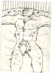 anthro big_bad_bear big_penis bigbadbear black_and_white chest_tuft facial_hair fence flower foreskin fur genitals goatee graphite_(artwork) grass hi_res humanoid_genitalia humanoid_penis male monochrome musclegut muscular nipples partially_submerged penis plant pubes smile solo traditional_media_(artwork) tuft water wet wet_body wet_fur