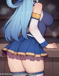 1female 1girls 2d 2d_(artwork) ai_generated alternate_breast_size aqua_(konosuba) ass ass_focus big_ass big_breasts big_breasts blue_eyes blue_hair from_behind kono_subarashii_sekai_ni_shukufuku_wo! large_ass large_breasts miniskirt patreon patreon_username ryogangg thick_thighs